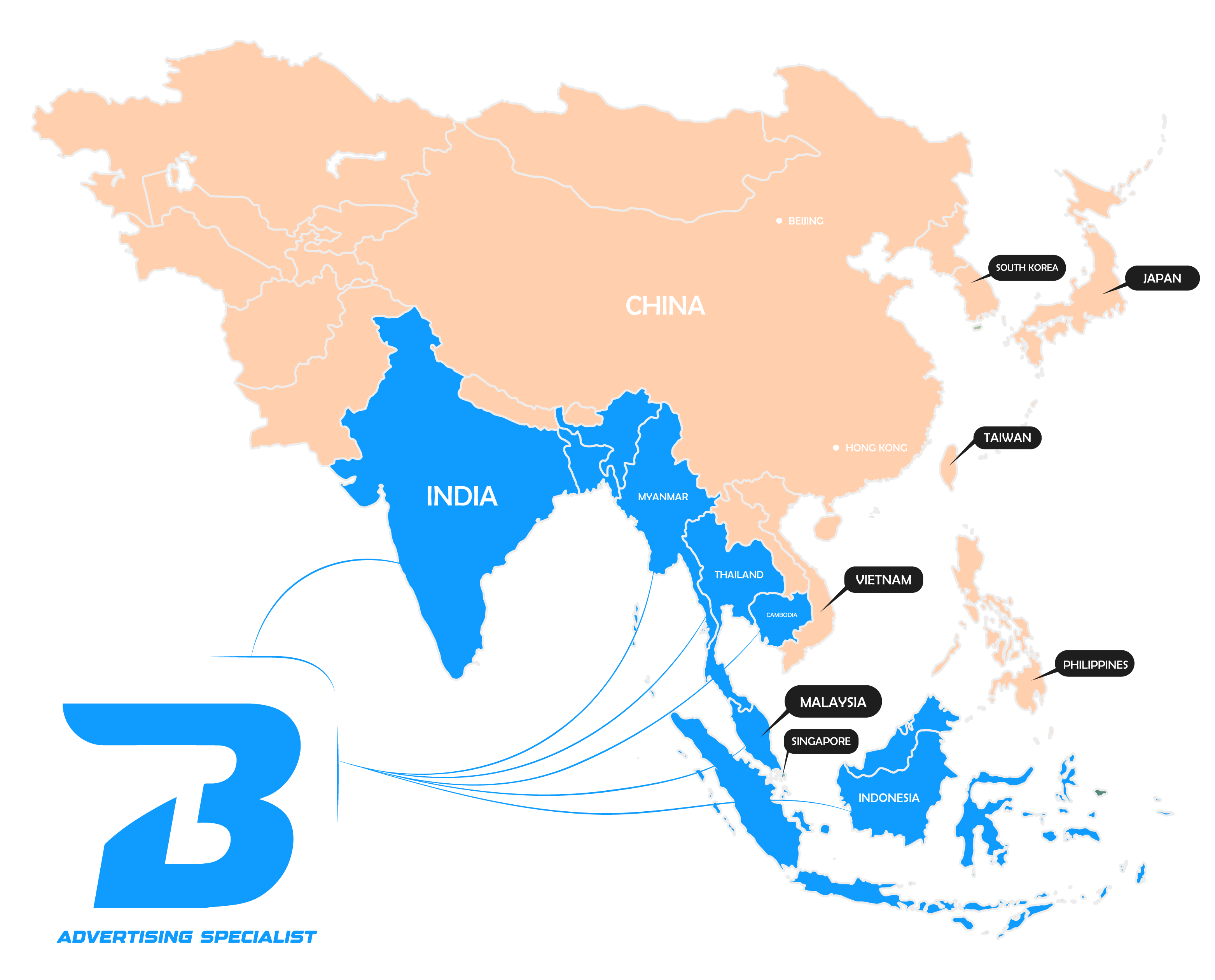 A stylized map of the Asian continent showing network connections.